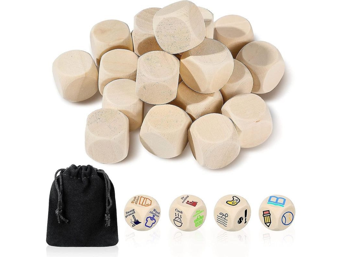 20 Dados De Madera En Blanco Para Manualidades Con Prácticos Bloques De 6 Caras Y 20 Mm.