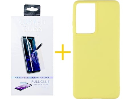 Carcasa y Protector de Pantalla de Vidrio Samsung S21 Ultra SKYHE Silicona Líquida Amarillo