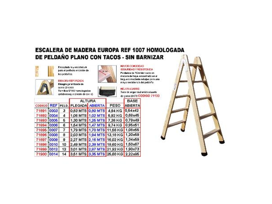 Escalera madera 1007 homologad.peld.plano   3 p 0,80m+tacos 7928