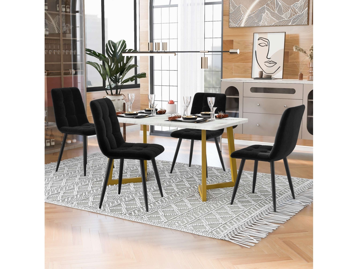 Conjunto de Mesa y Sillas 117 cm Mesa Rectangular Moderna con 4 Sillas en Terciopelo Negro Patas Estilo Dorado
