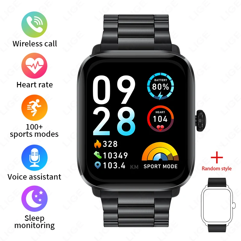 Reloj inteligente de 1,83 pulgadas (negro, correa de acero), con pantalla táctil completa, monitor de frecuencia cardíaca y funciones deportivas.