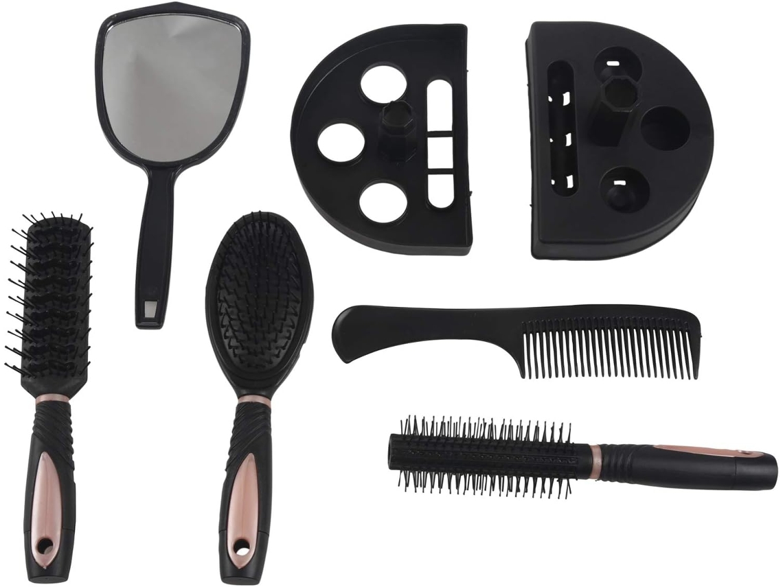 Juego De 5 Cepillos Para El Cabello De Mujer Con Espejo Y Soporte, Color Rosa.