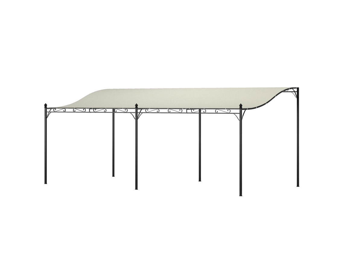 Pérgola de pared de 3x6 m con techo inclinado, orificios de drenaje y estructura metálica color crema.