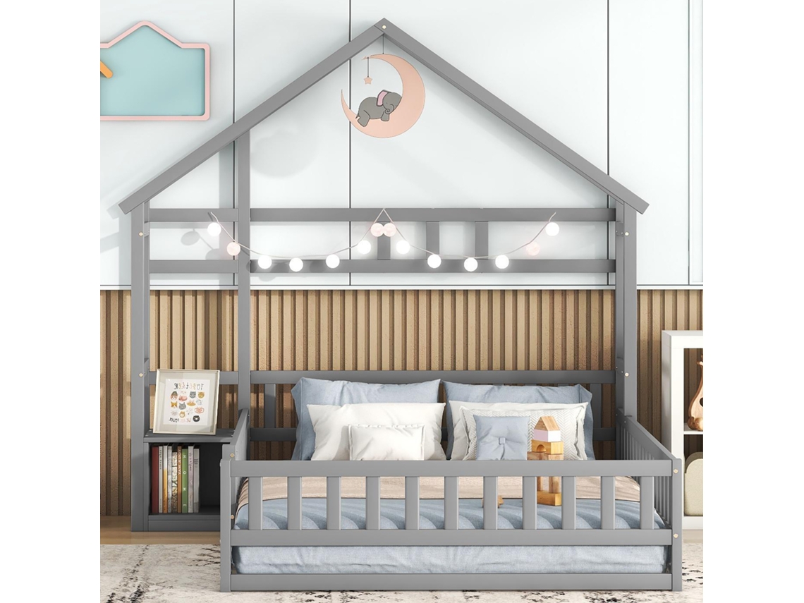 Cama Infantil 140x200 Cm, Casa Con Barandillas, Mesita De Noche Integrada, Madera Maciza, Segura Y Duradera, Gris