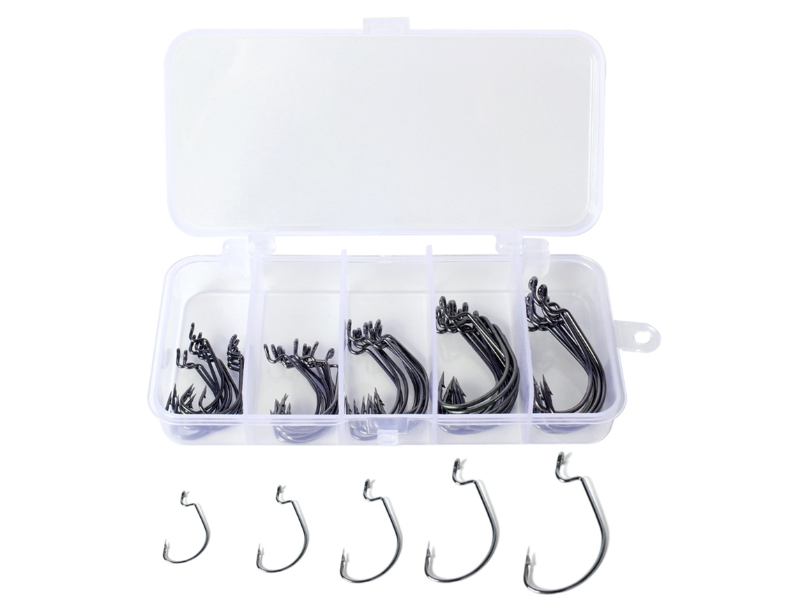 50pcs Anzuelos De Pesca Offset Para Gusanos De Acero Alto Carbono Con Caja Plástica