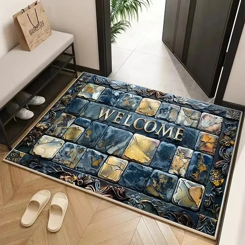 (estilo 2 30x50cm) Felpudo Retro Azul Impreso En 3d, Antideslizante Y Lavable.
