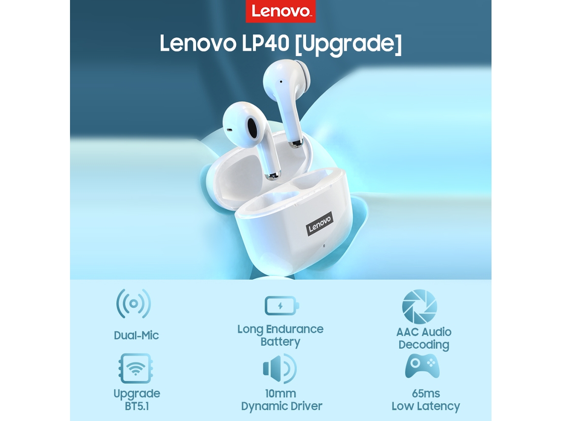 Auriculares inalámbricos Lenovo Livepods LP40, actualización BT5.1, baja latencia, micrófono dual, AAC y controlador dinámico