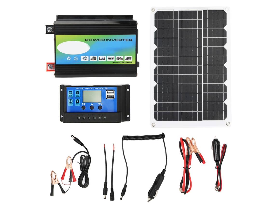 Kit de energía solar portátil con inversor, controlador de carga de 30 A, 12 V y 24 V, panel solar de 18 W y 18 V, doble USB