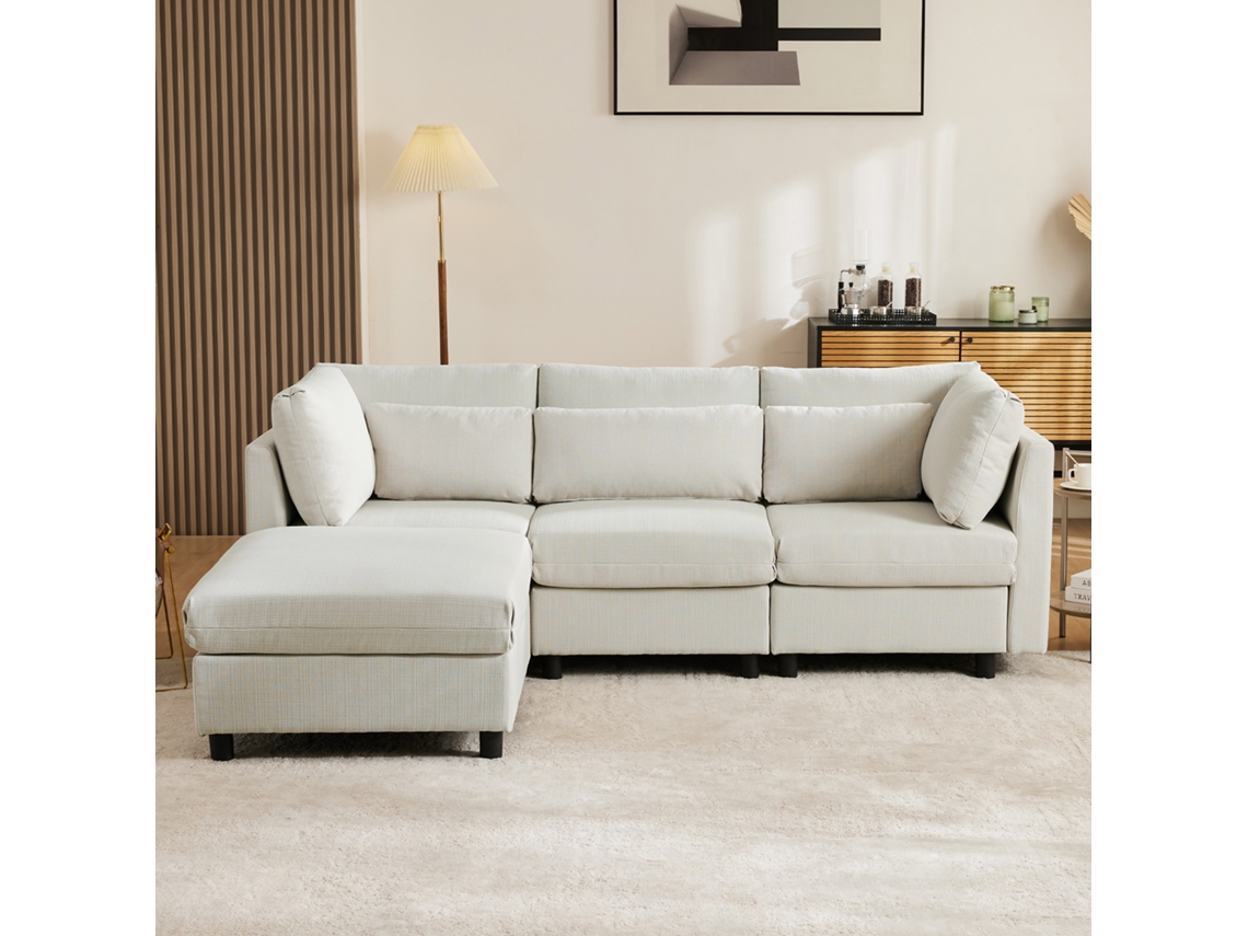 Sofá esquinero de 3 plazas en forma de L con puf, tapizado, ideal para salón.