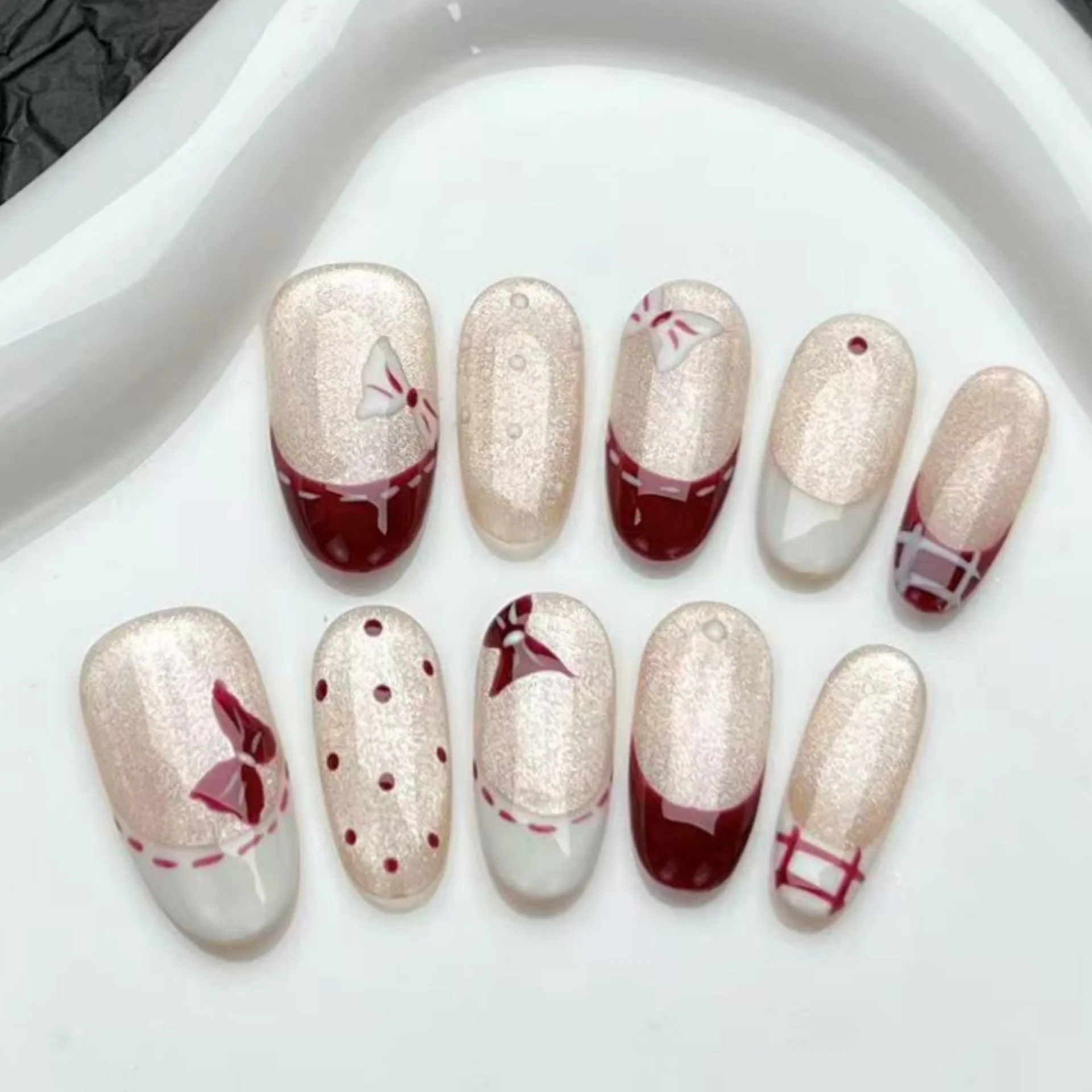 (113 -l) Juego De 10 Uñas Postizas Ovaladas Estilo Ojo De Gato Hechas A Mano