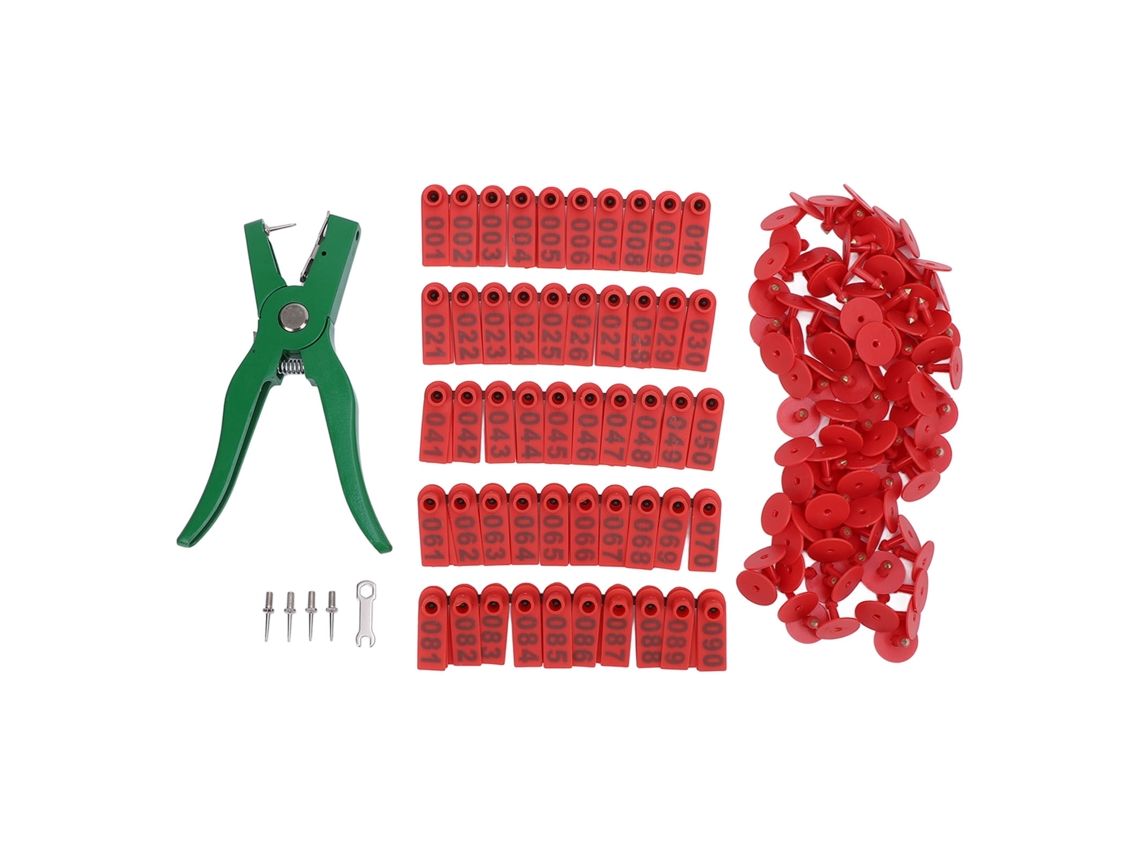 Kit aplicador de crotales para ganado, crotal verde, crotales rojos y 2 agujas