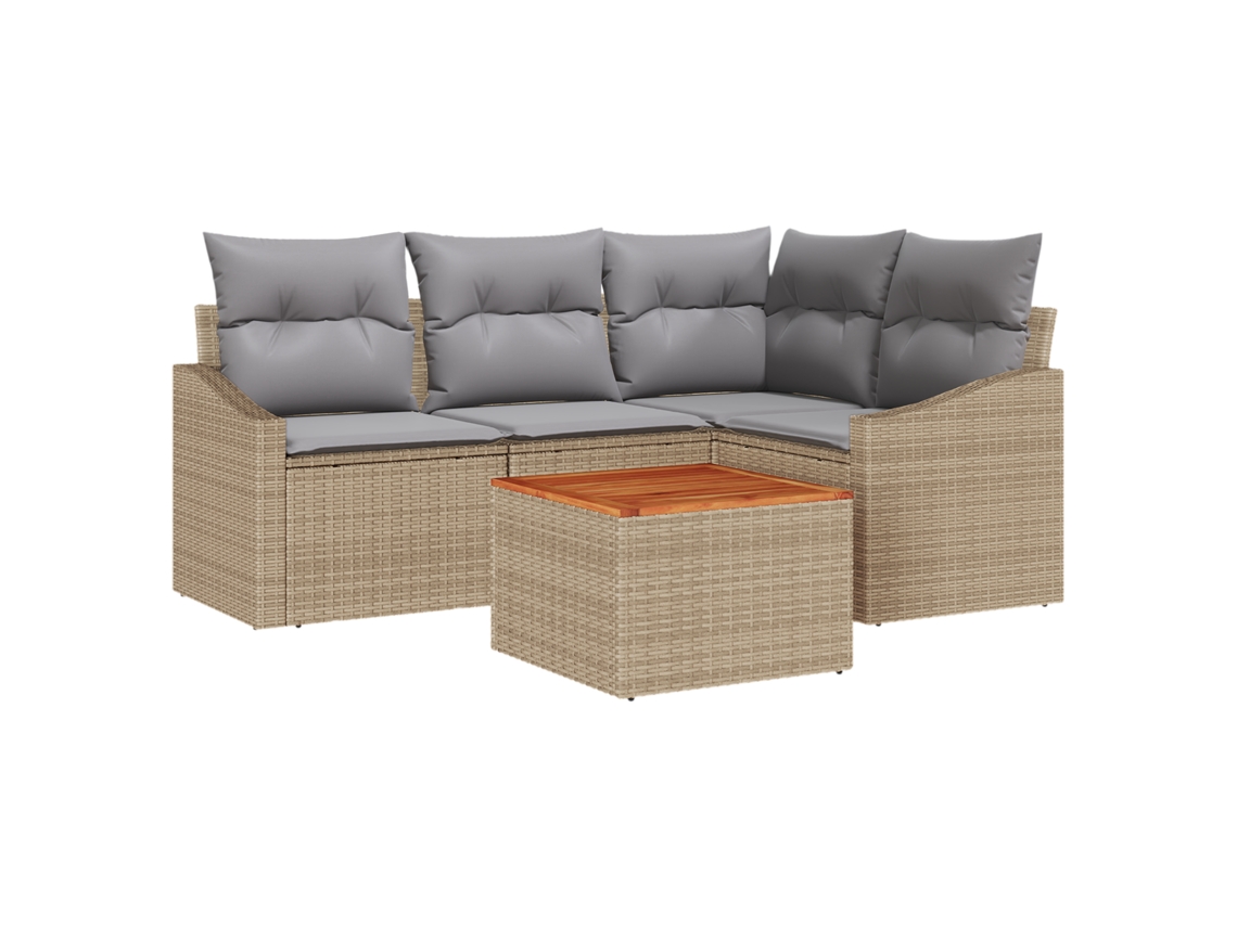 Conjunto de sofá de jardín Vidaxl de 5 piezas con ratán de poliéster y acacia y cojines beige