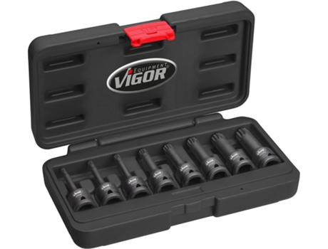 VIGOR V7018 Juego de Llave de Vaso Destornillador de Impacto Con Dentado Interno Xzn Cuadrado Hueco 1/2 Pulgadas 12 5 Mm Perfil Con Estriad