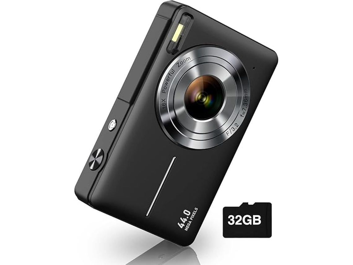 Cámara compacta FHD 1080p, zoom 16x, antivibración, memoria de 32 g, ideal para niños y niñas, color negro.