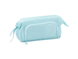Estuche de lápices azul para niños con doble tapa, cremallera y ventilación portátil.