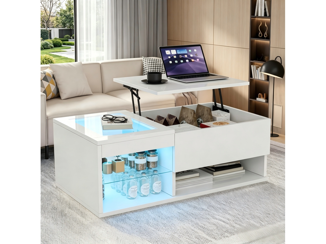 Mesa De Centro Elevable, En Madera Blanca Brillante, Con Led Rgb Y Almacenamiento, Para Salón Moderno, 100x55x35cm