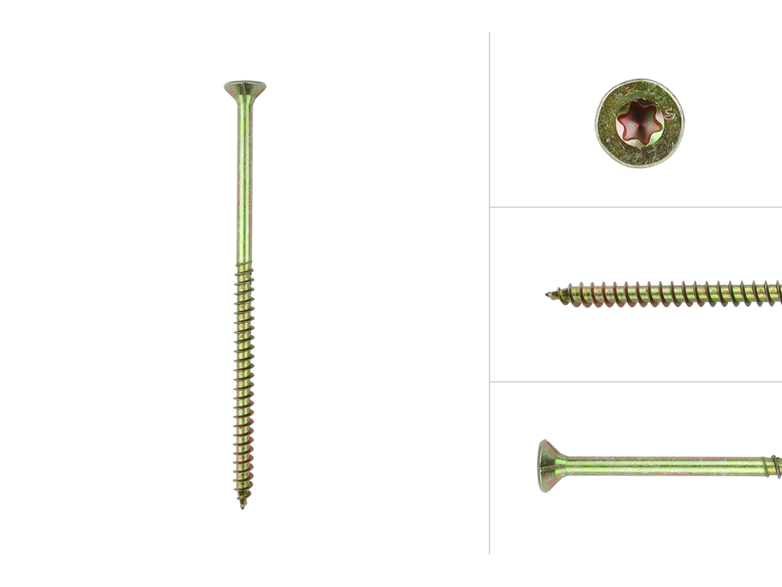 Tornillos Para Aglomerado Galvanizado Amarillo 6 X 100 Mm Torx 30 Con Punta Perforadora Caja De 100 Piezas WOVAR