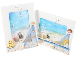 Juego de 2 marcos de fotos de madera, estilo mediterráneo, 15 cm, estampado de conchas, ideal para la decoración de paredes de oficina, GOKOCO