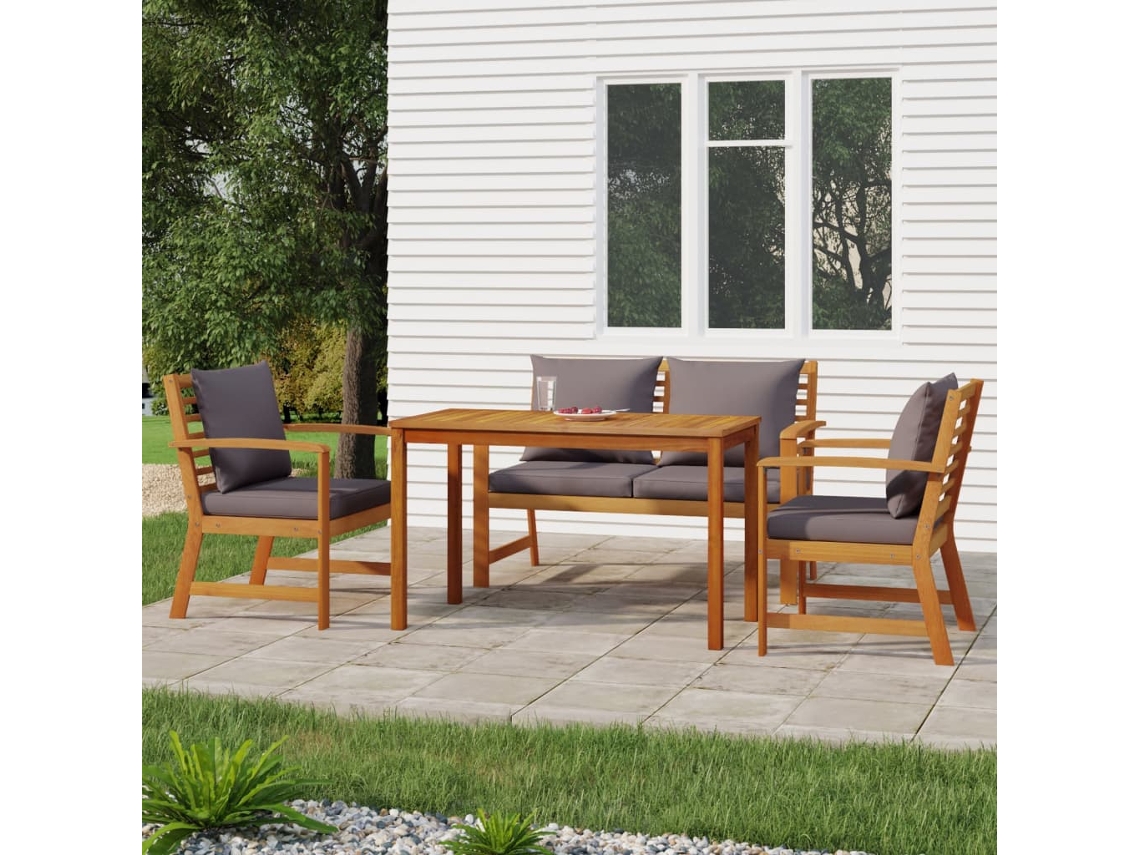 Juego de comedor de jardín de 4 piezas con cojines de madera maciza de acacia, Dkd Home Decor