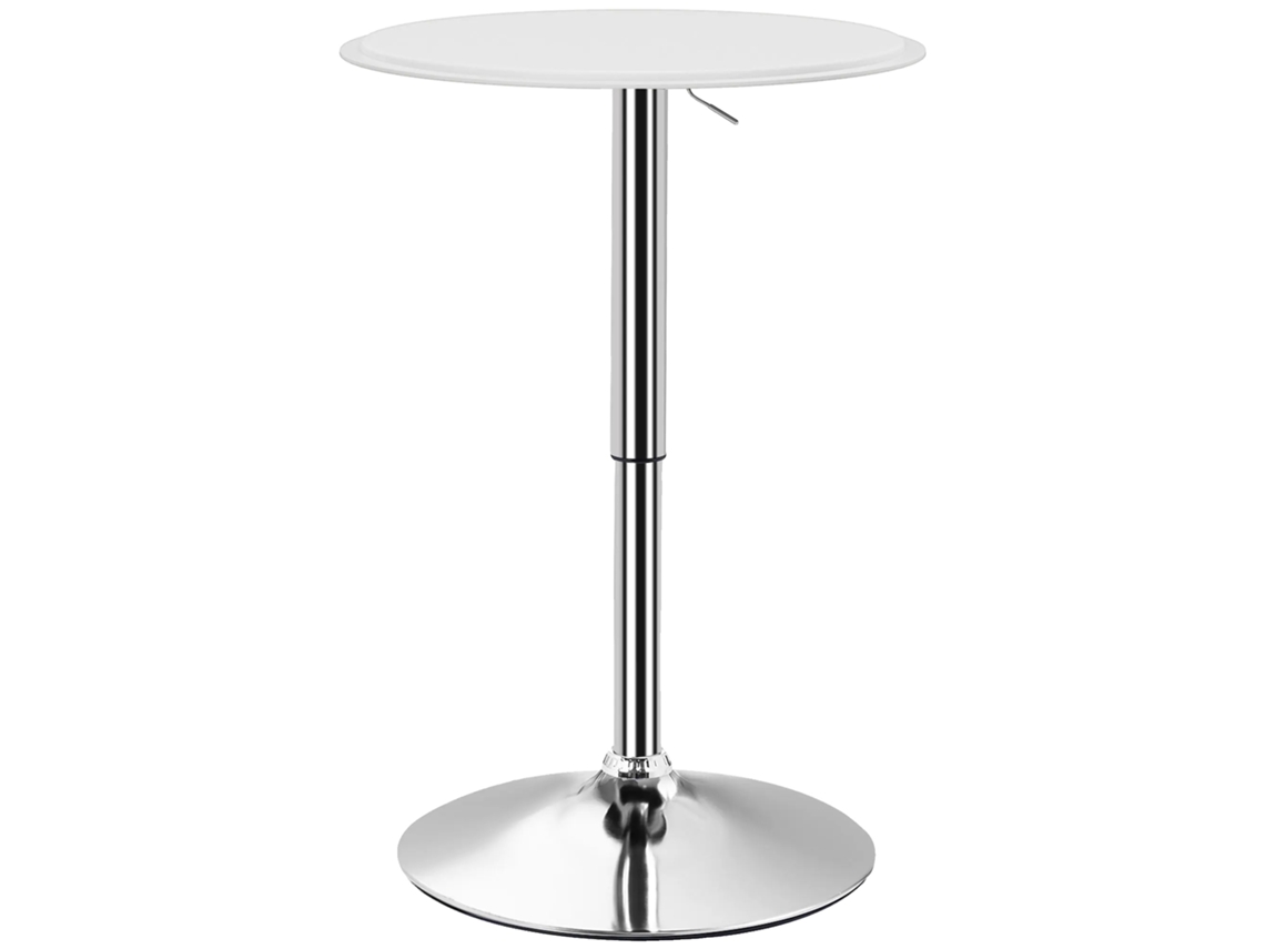 Mesa de bar, altura regulable de 67 a 93 cm, Ø63 cm, acabado blanco, construcción robusta, instalación independiente.