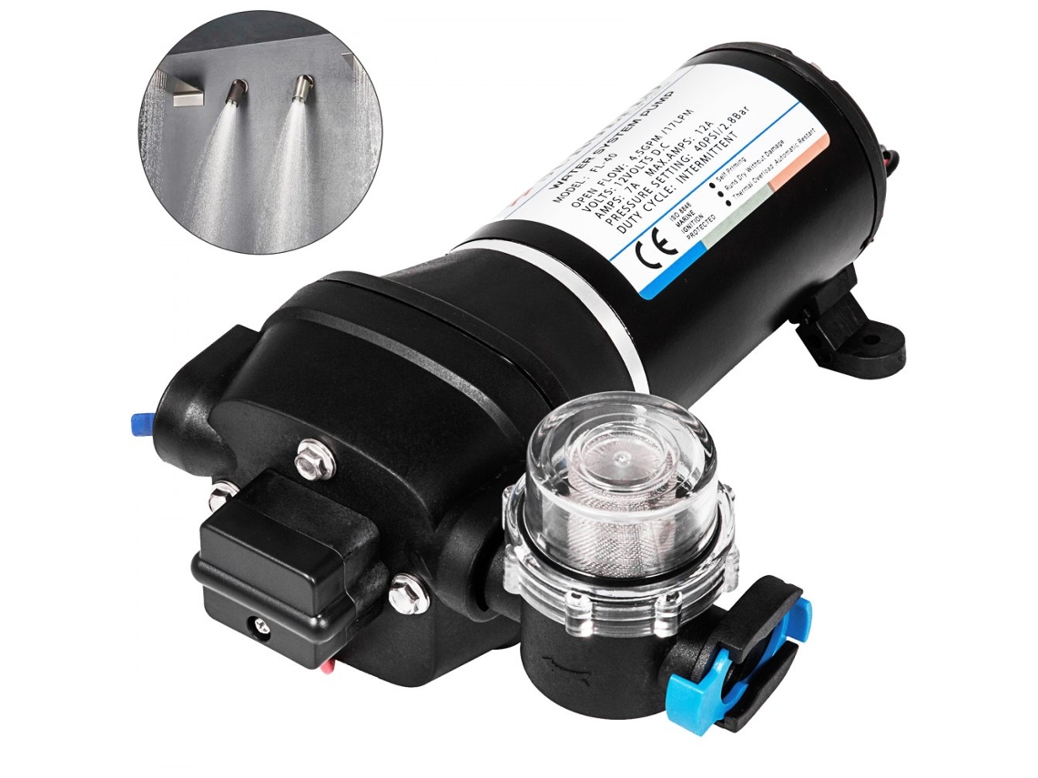 Bomba de membrana autocebante, 12V, caudal 17 L/min, presión 2,76 bar, para sistemas de pulverización.