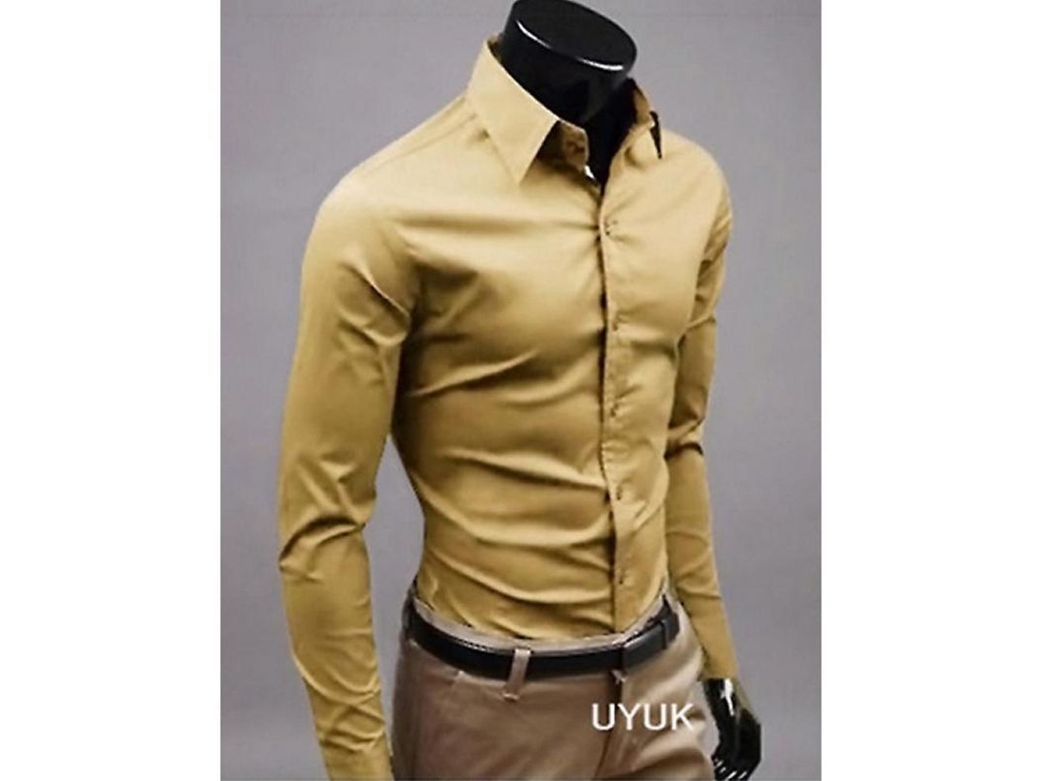 2026-camisas De Lujo Para Hombre Casual Slim Fit Cuello Redondo Manga Larga Verano Otoño L Caqui
