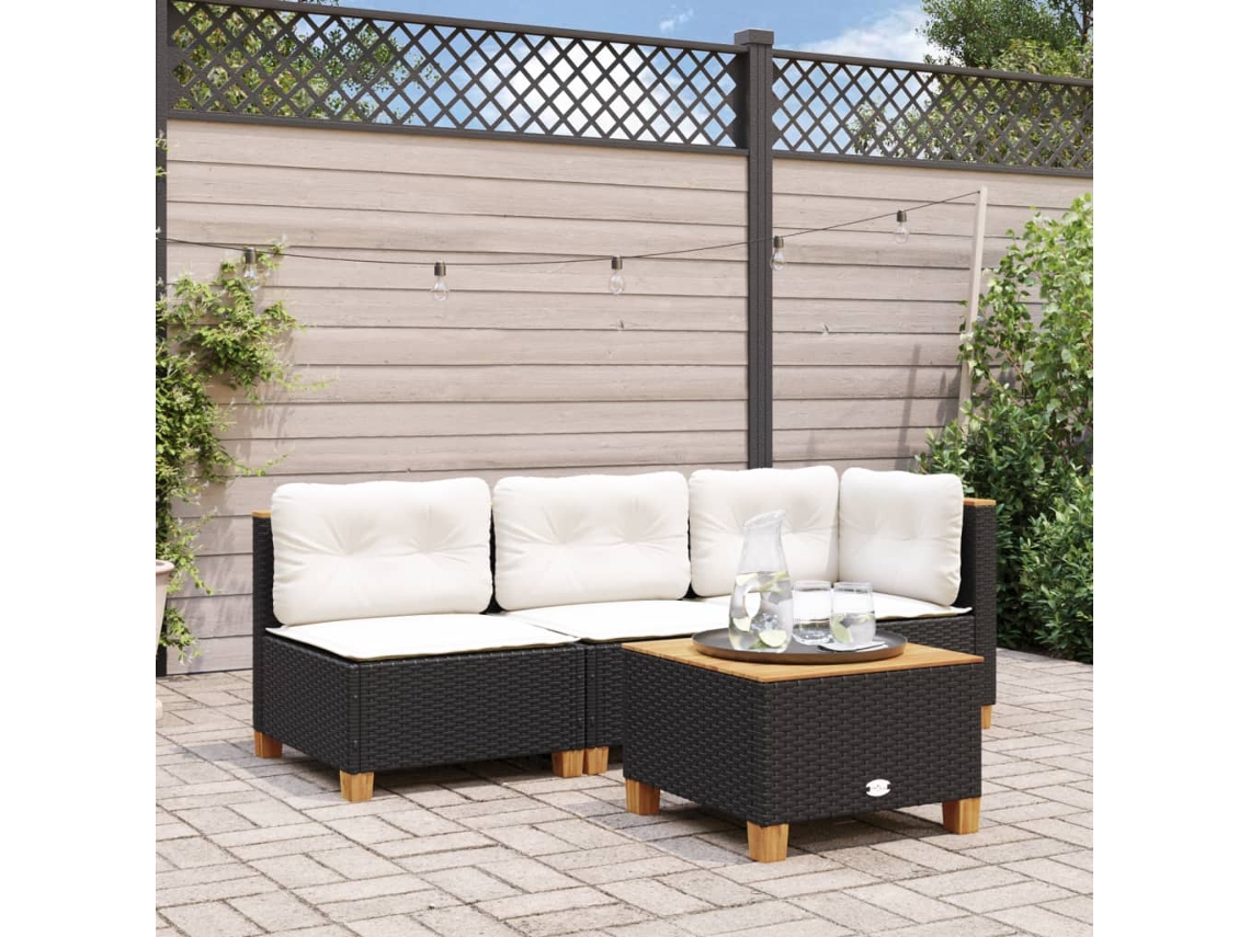 Sofá de jardín sin brazos con cojines de mimbre negro, Dkd Home Decor
