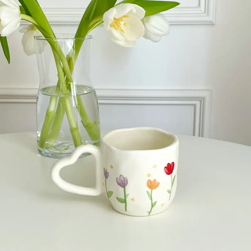 (Estilo 3) Taza de café de cerámica creativa, 350 ml, con estampado floral y de corazones pintado a mano.