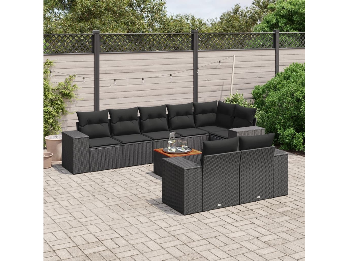 Conjunto de sofá de jardín de 9 piezas con cojines, ratán negro, Dkd Home Decor
