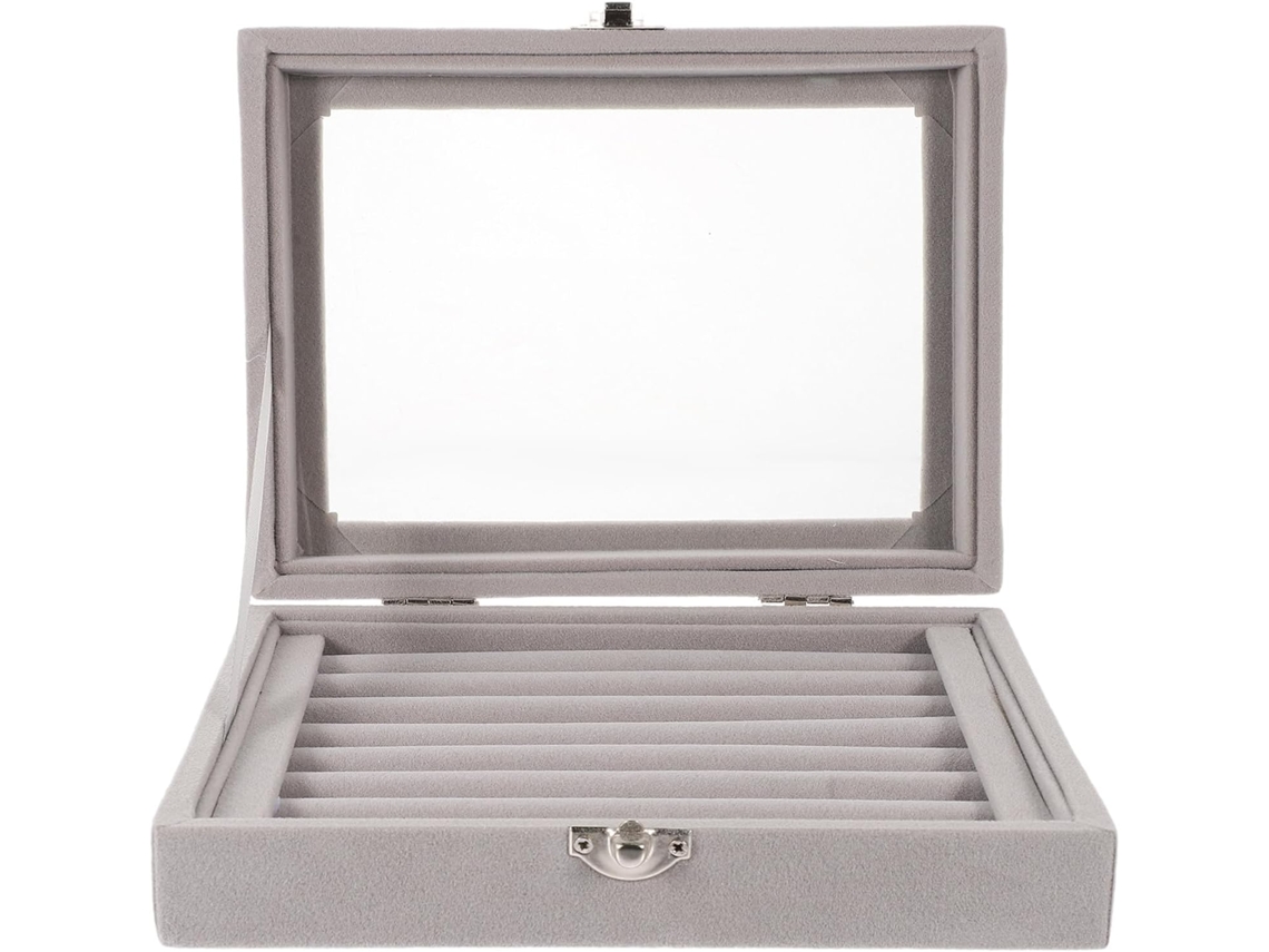 Caja De Joyería Nuobesty De Terciopelo Gris Con Ventana Transparente, Gran Capacidad De Almacenamiento Portátil.