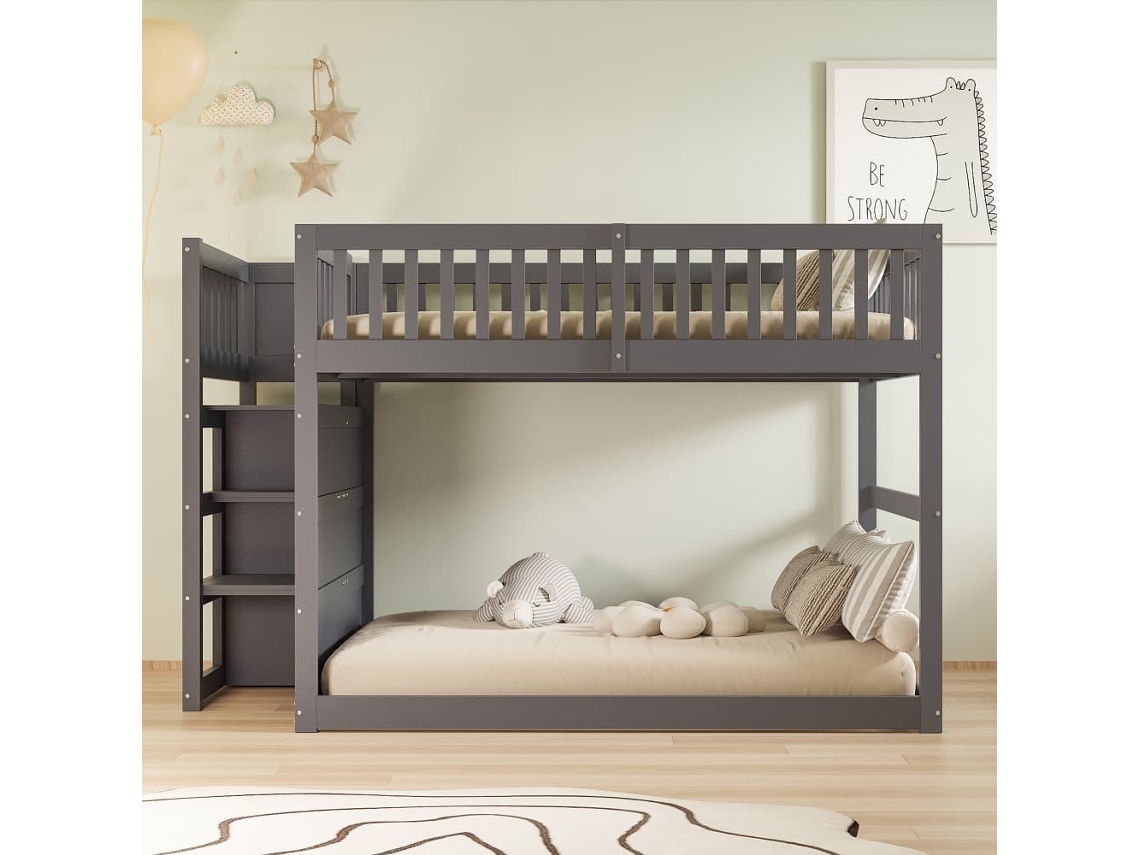 Cama Litera Baja 140x200 Cm - Cama De Seguridad Con Espacio De Almacenamiento, Diseño De Barandilla Alta - Gris