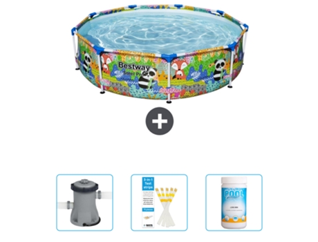 Piscina BESTWAY Round Steel Pro - 274 x 66 cm - Animal print - Incluida Bomba - Tiras de prueba - Cloro