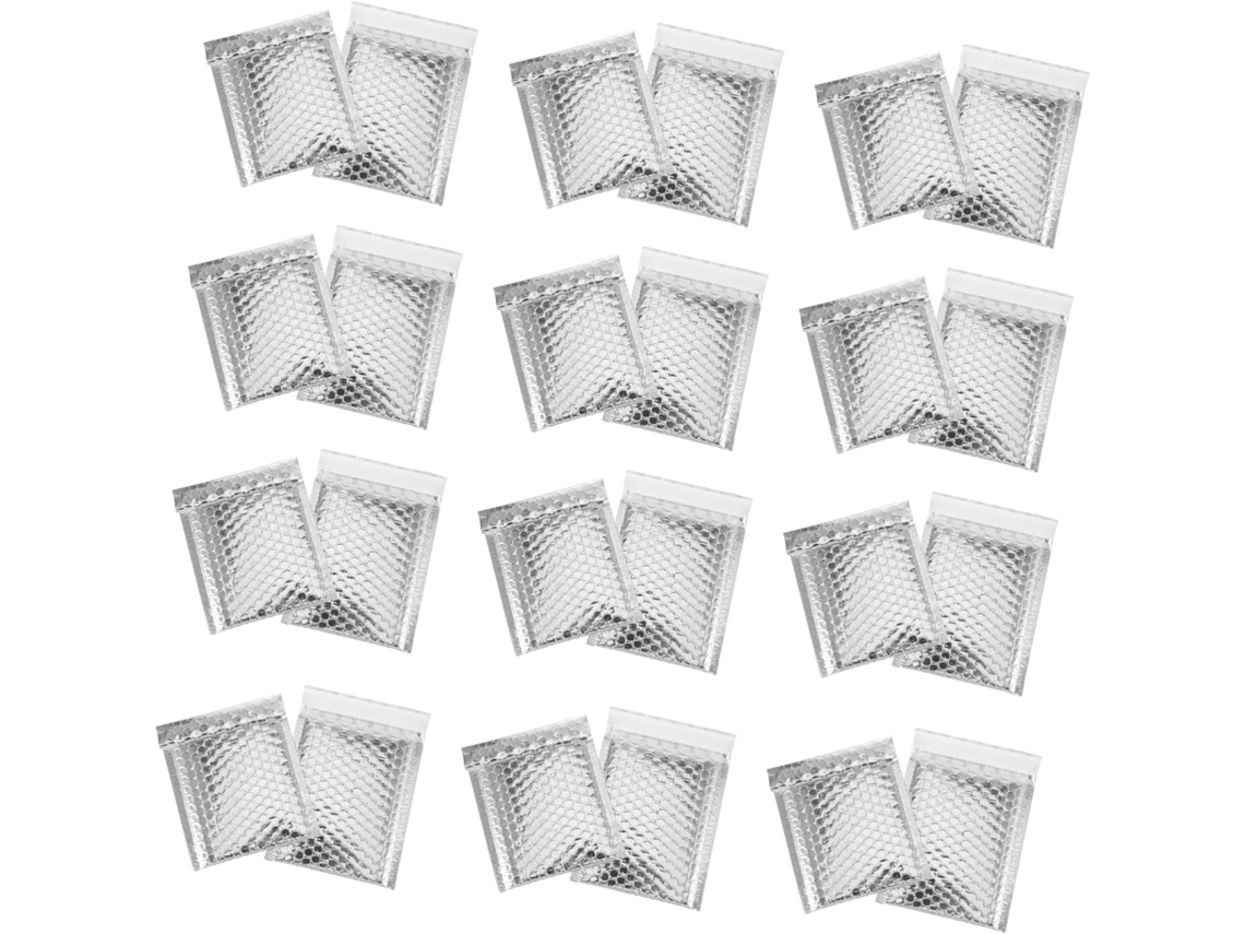 100 sobres acolchados plateados con impresión láser, plástico de burbujas y resistentes al aire y al agua para su protección durante el envío.
