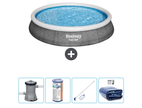 Piscina hinchable redonda Fast Set BESTWAY - Estampado ratán - 396 x 84 cm - Bomba incluida Filtrar - kit de limpieza - Vela solar
