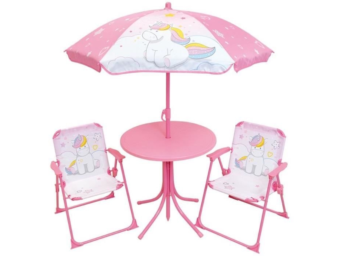 Muebles de jardín Fun House: mesa unicornio (alto 46 x 46 cm), 2 sillas plegables y sombrilla (alto 125 x 100 cm)