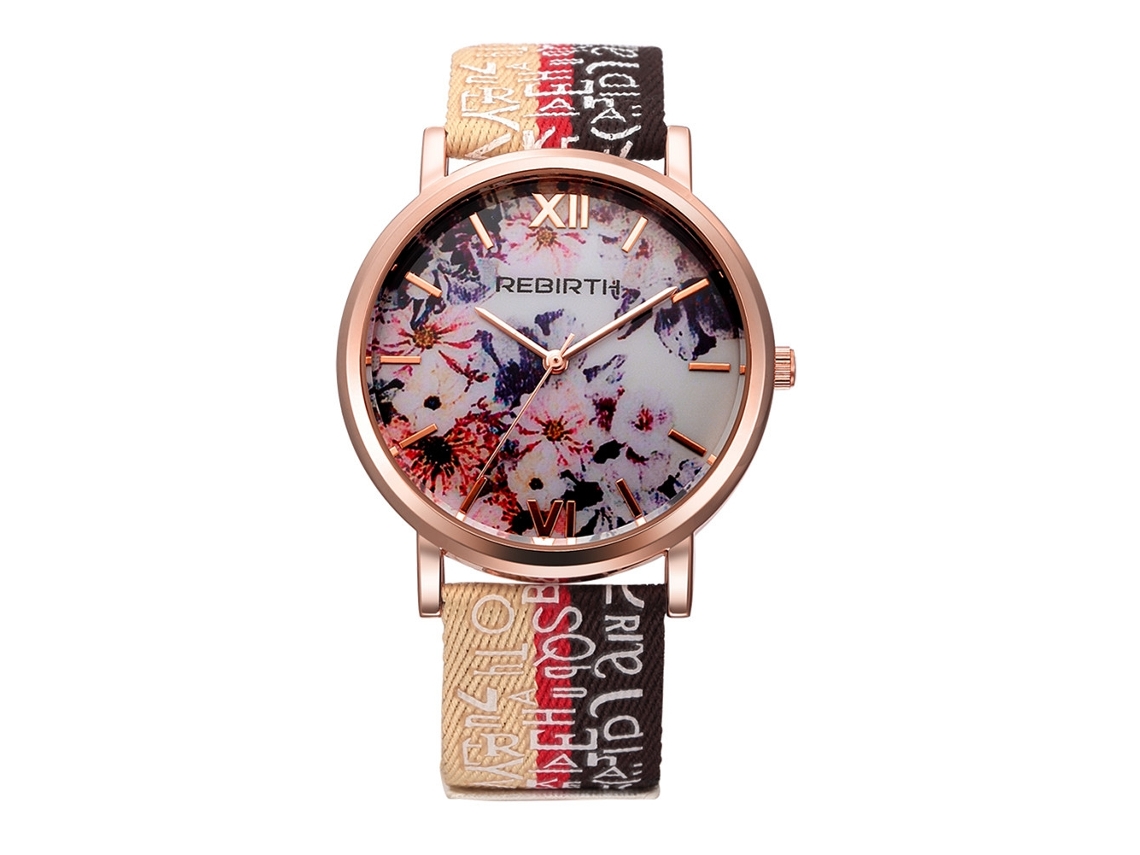 Reloj De Pulsera De Cuarzo Para Mujer Con Estampado Floral Y Correa De Nailon Dorada.