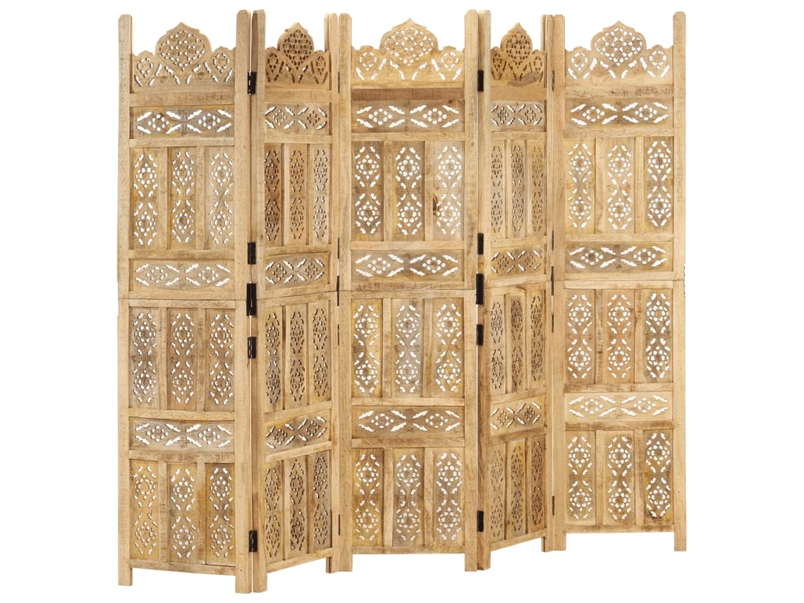 Biombo 5 Paneles Tallado A Mano Madera Maciza Mango 200x165 Cm