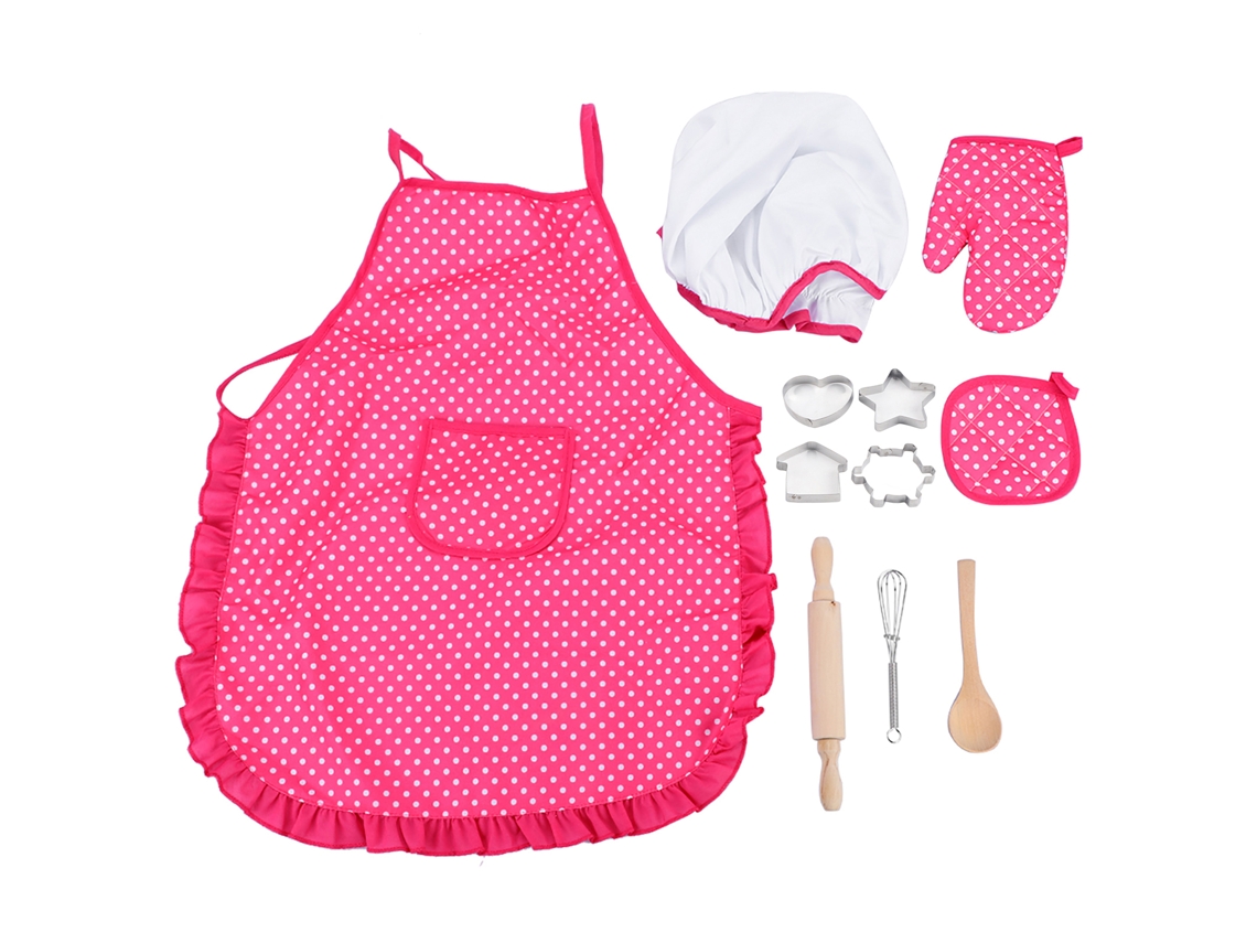 Set de chef infantil 2026yncm con delantal, guantes, gorro y juguetes de cocina para armar.