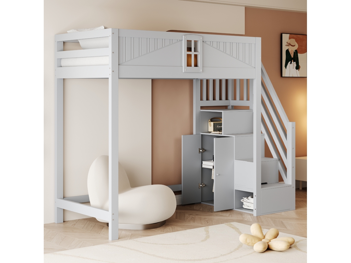 Cama Alta Infantil De Madera, 90x200 Mm, Con Puerta, Ventana Y Escalera Plegable, Color Gris.