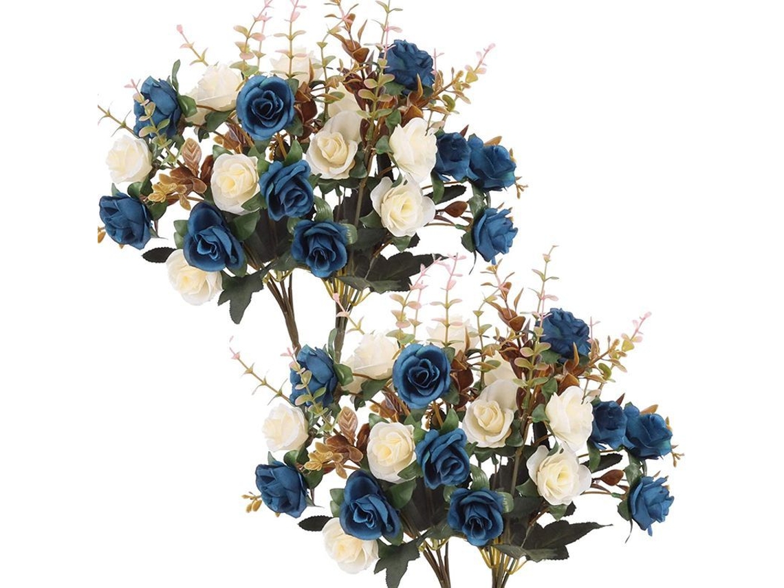2 Peças de Rosas Artificiais em Plástico, Flores Decorativas para Casa, Hotel e Mesa de Casamento, Azul