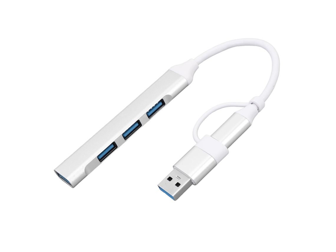 Adaptador multipuerto USB-C con 4 puertos USB para portátil, teclado, ratón y unidad USB.