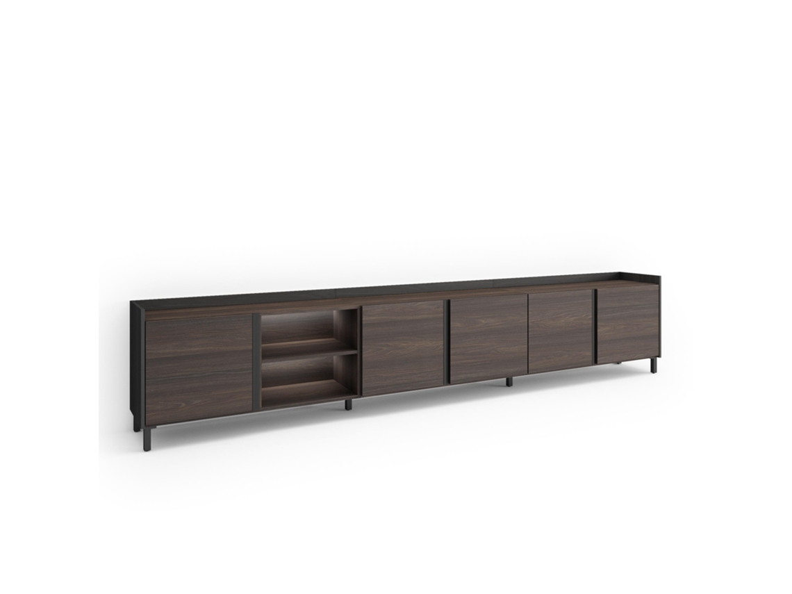 Mueble para TV, 309x35x61cm, para televisores de hasta 80", diseño industrial, LED, roble oscuro y negro.