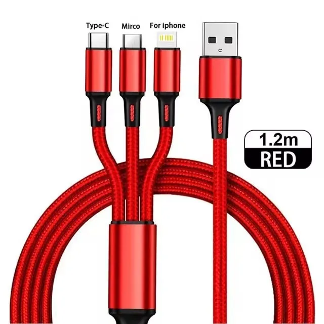 Cable De Carga 3 En 1 (rojo, 1,2 M), Múltiples Puertos Usb, Cable De Carga Tipo C/micro Usb.