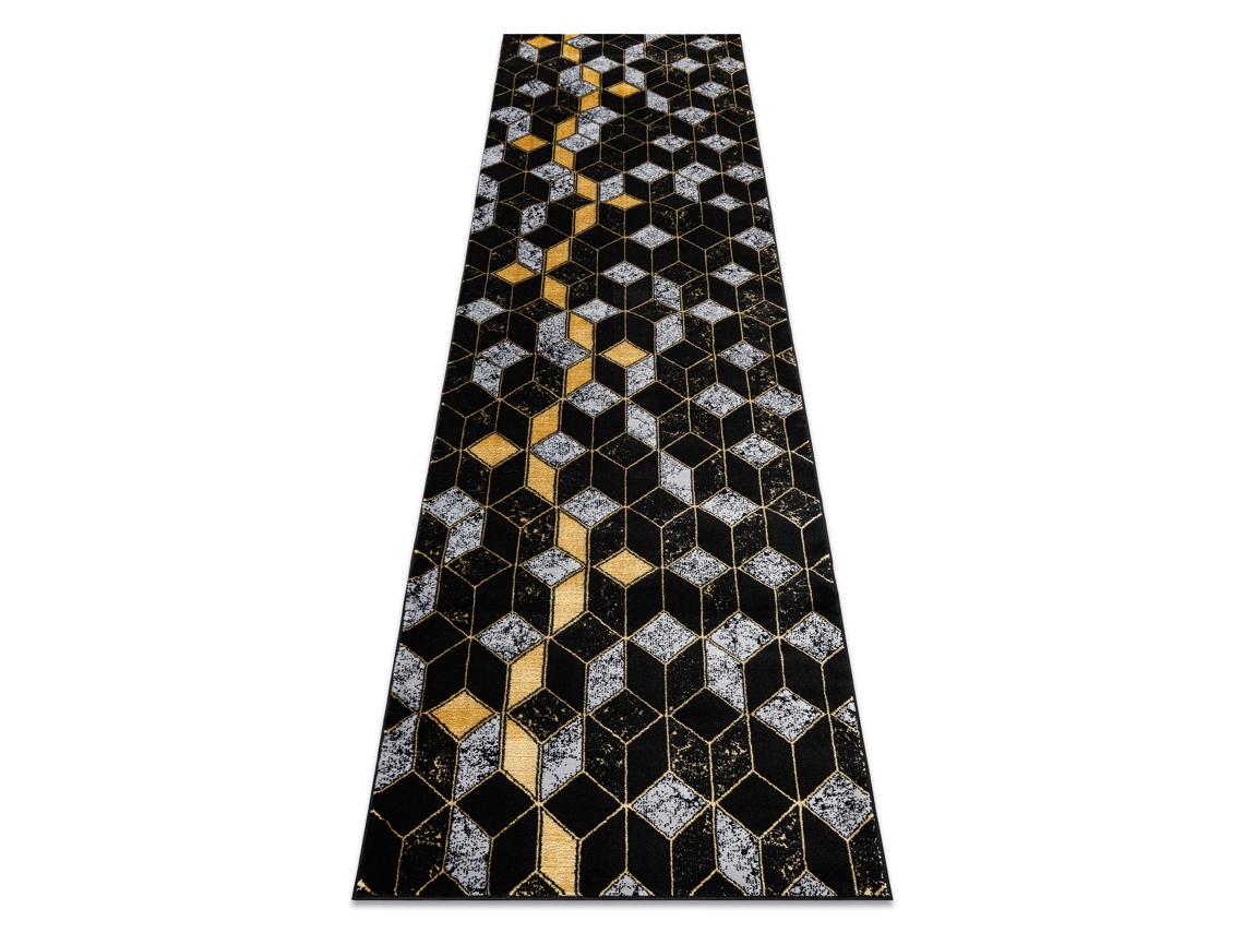 Alfombra, Alfombra de Pasillo Gloss Moderno 400B 86 Elegante, Glamour, Art Deco, 3D Геометричен Negro/Oro (70 x 200 cm)