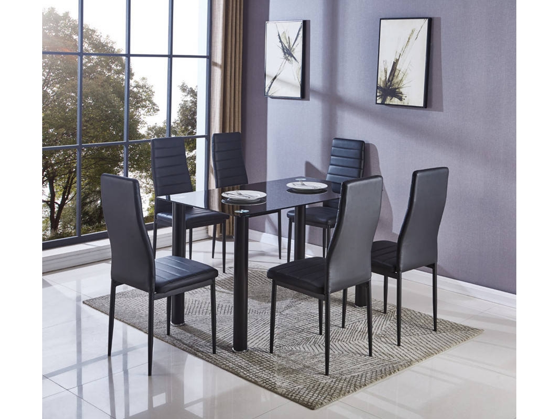 Conjunto de Mesa con 6 Sillas SALDOS Y STOCK Negro (Cristal Templado y Cuero Sintético - 140X80 cm)