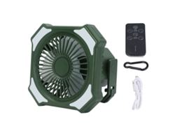 Ventilador portátil recargable de 4000 mAh con linterna LED verde.