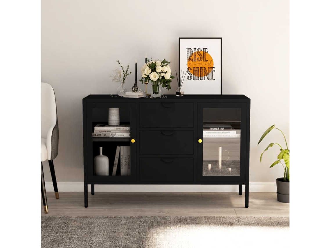 Aparador De Acero Y Vidrio Negro 105x35x70 Cm