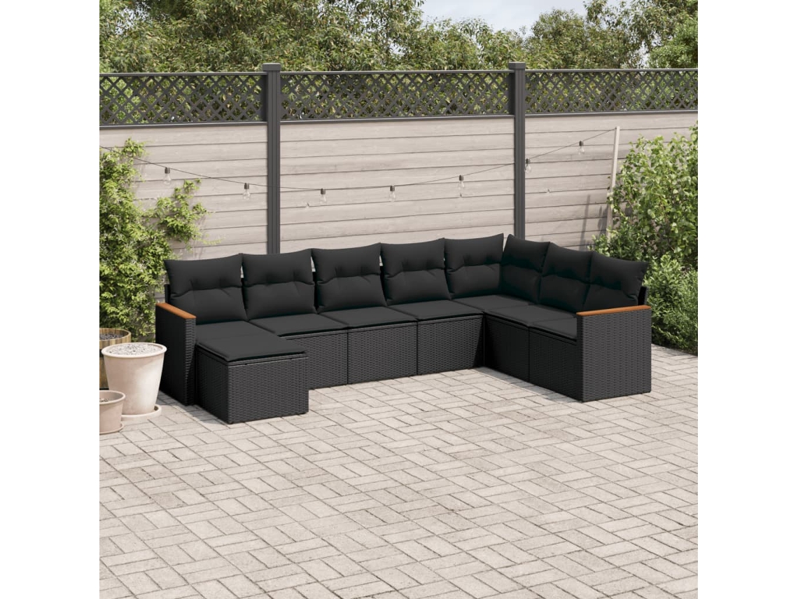 Conjunto de 8 sofás de jardín con cojines de mimbre sintético negro, Dkd Home Decor