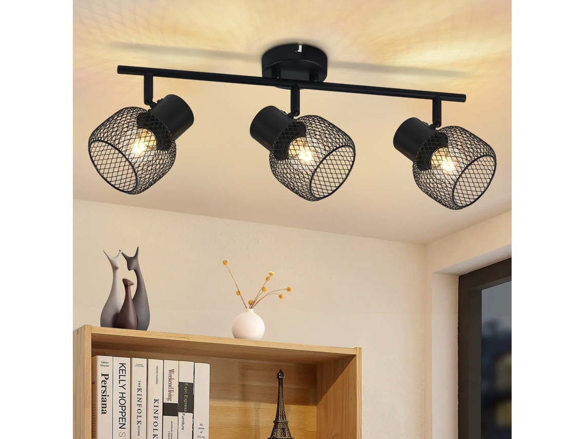 Lámpara de techo con 3 focos, máximo 25 W, bombillas E27, metal negro retro, rotación de 330°, para uso interior. Ideal para salón, pasillo, cocina y dormitorio infantil. Zmh