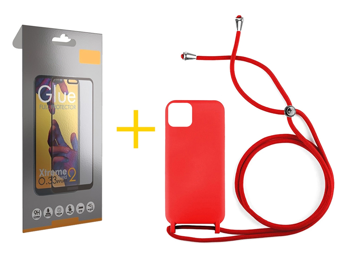 Pack 1 X Película de Vidrio Templado Full + Funda GANDY por Apple iPhone 16 Plus Gel con Cordón Rojo